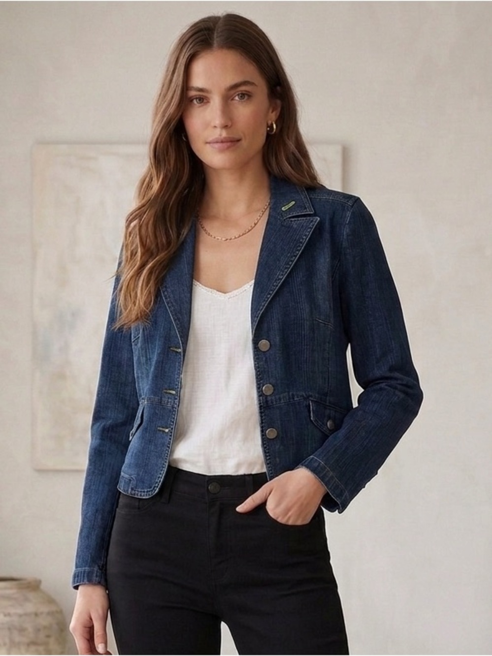 LOFT Vintage Denim Jacket Blue Cropped Blazer Button Up Stretch Y2K 90s Size 0